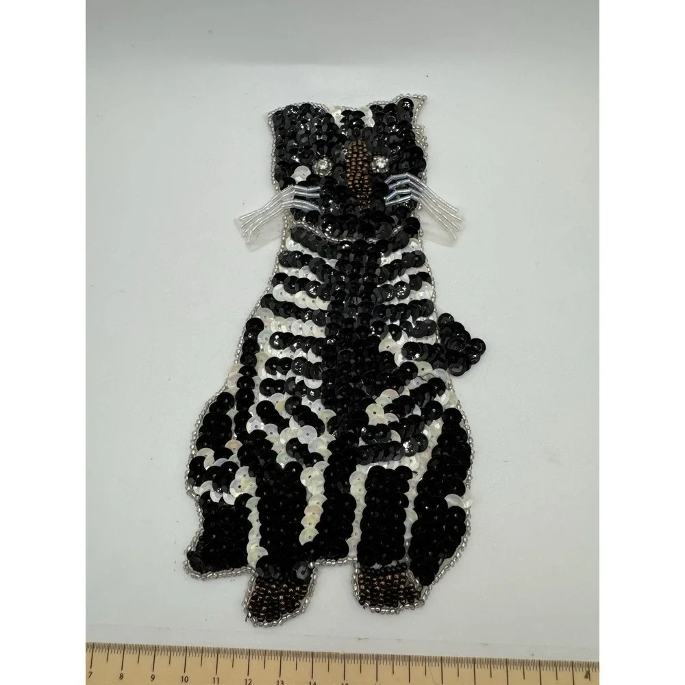 Sequined & Beaded‎ Black And White Cat Sew On Patch NOS